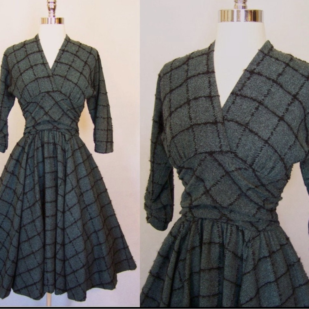 1950’s wool tweed windowpane fit and flare dress